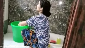 Indian Wife In Bathroom Washing And Taking Shower